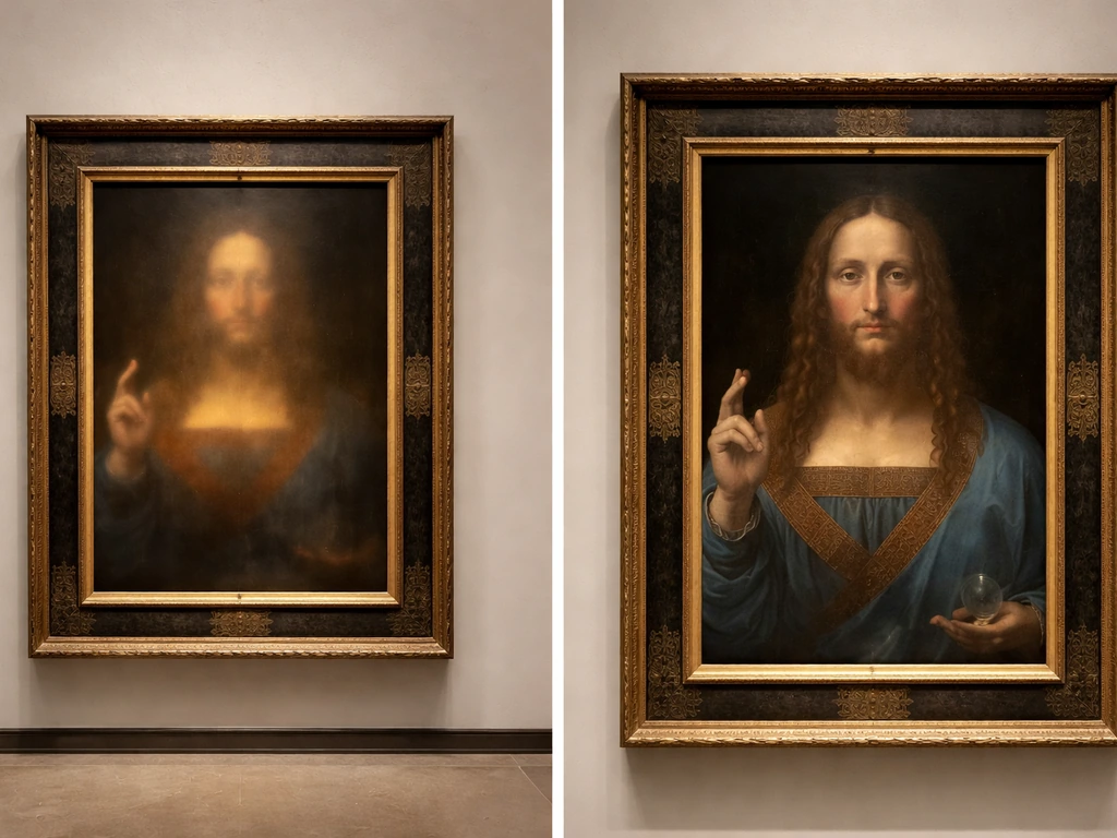 Two-panel comparison: an indistinct framed Renaissance painting versus a close-up of Salvator Mundi.