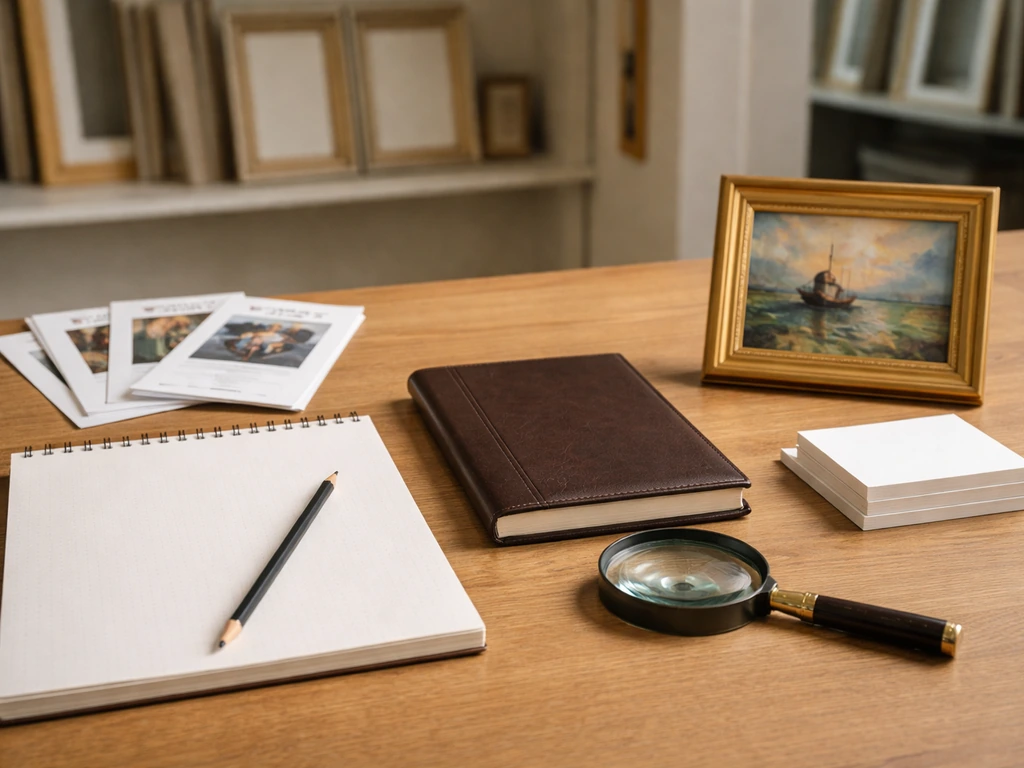 Minimal art appraiser desk with sketchpad, magnifying glass, and auction reference pages in natural light.