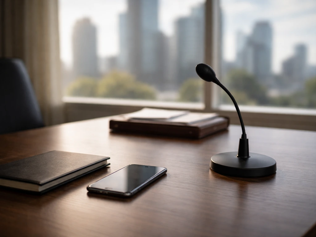 Executive desk scene with a blurred skyline, conveying finance and media verification