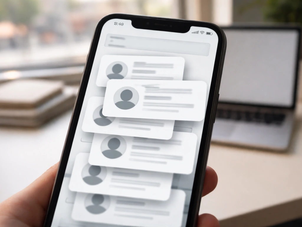 Phone close-up showing overlapping profile cards and a blurred search bar, symbolizing duplicate identity risk