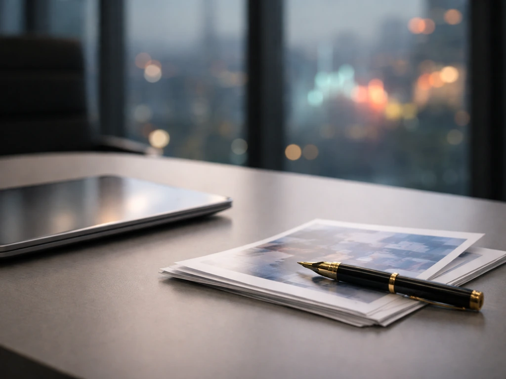 Minimal photo of a trading desk with IonQ-like stock glow reflections and a boardroom background, symbolizing equity wea