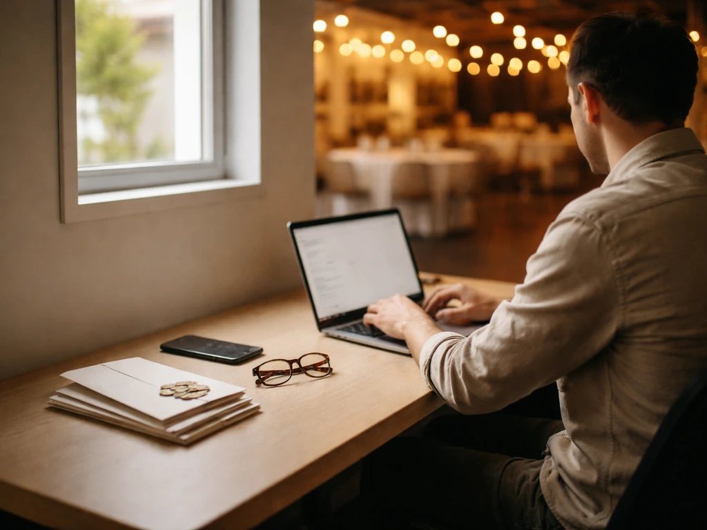 Minimal office desk scene with a laptop and cash-like props symbolizing estimated net worth and income sources.