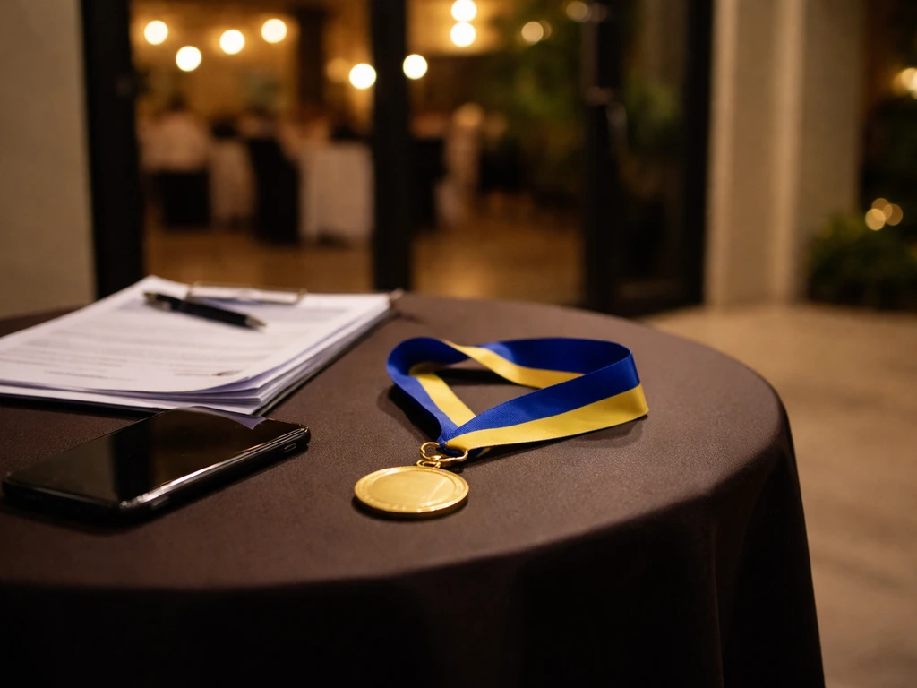 Unidentified event venue table with a ceremonial medal ribbon and business documents, no person shown.