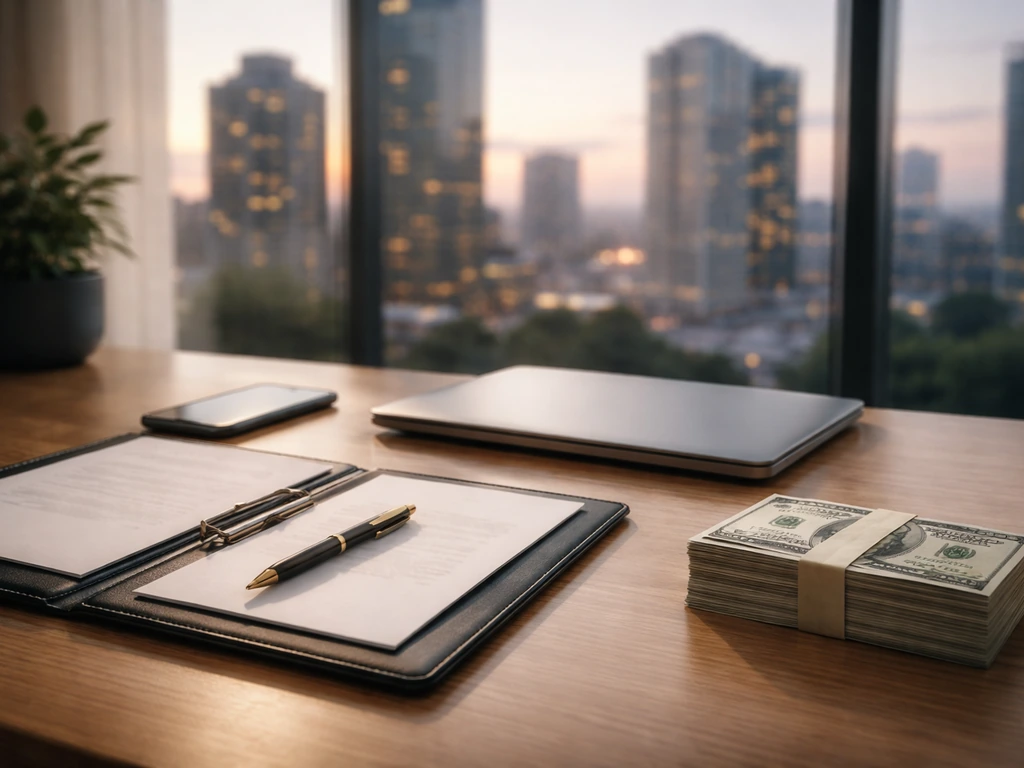 Sunlit office desk with blank documents, cash, and a blurred city view suggesting business wealth sources.