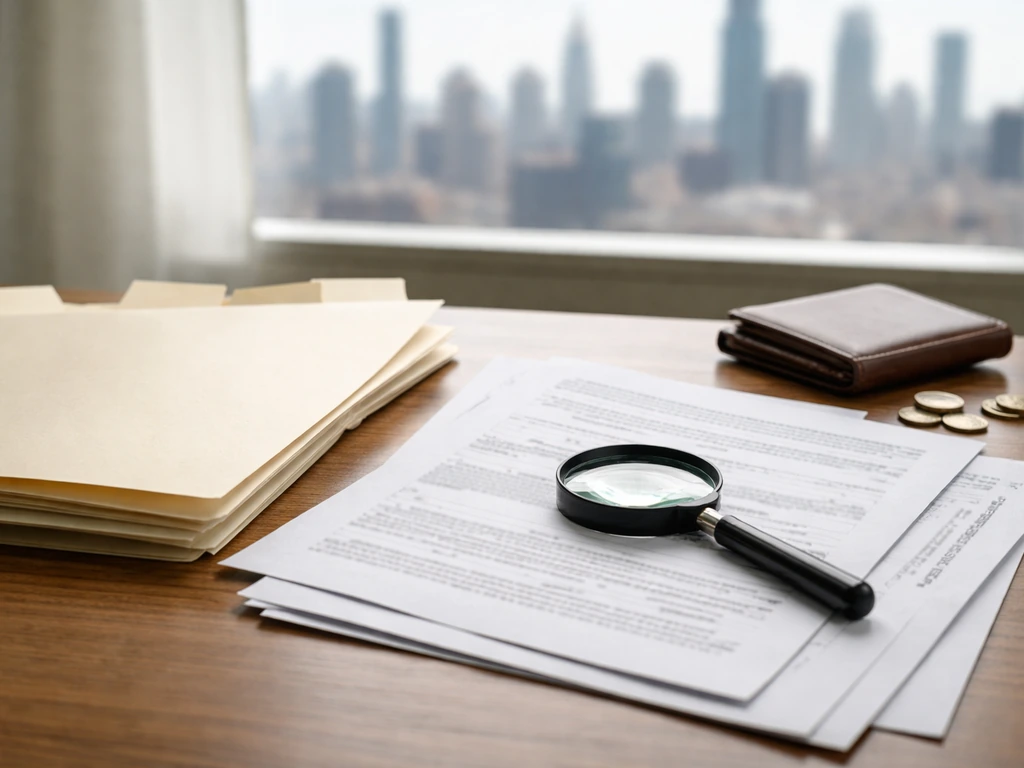 Magnifying glass over blank documents and coins on a wooden desk, symbolizing net worth research.