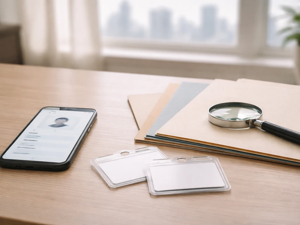 Home office desk with a phone showing blurred profile content and evidence props for identity verification.