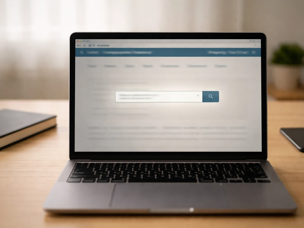 Minimal photo of a laptop showing an NYC Finance–style property lookup screen with no readable text.