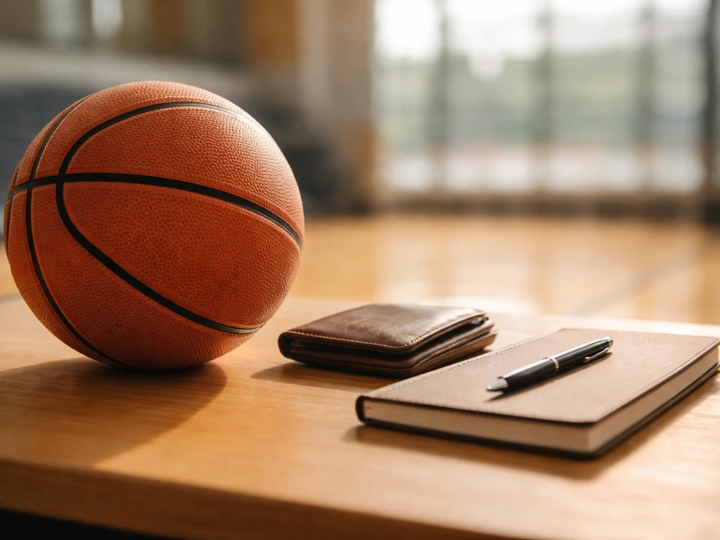Basketball and a ledger-like wallet on a desk, symbolizing evaluating a former player’s net worth