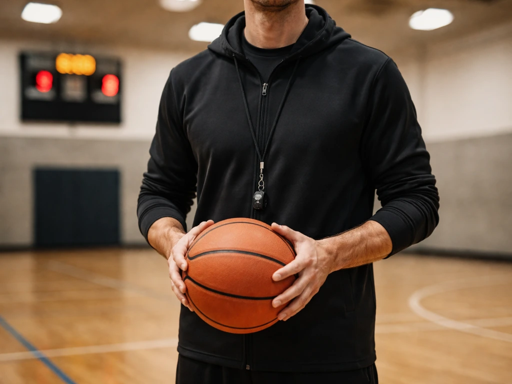 Anonymous basketball coach holding a ball on an indoor court during a quiet practice moment.