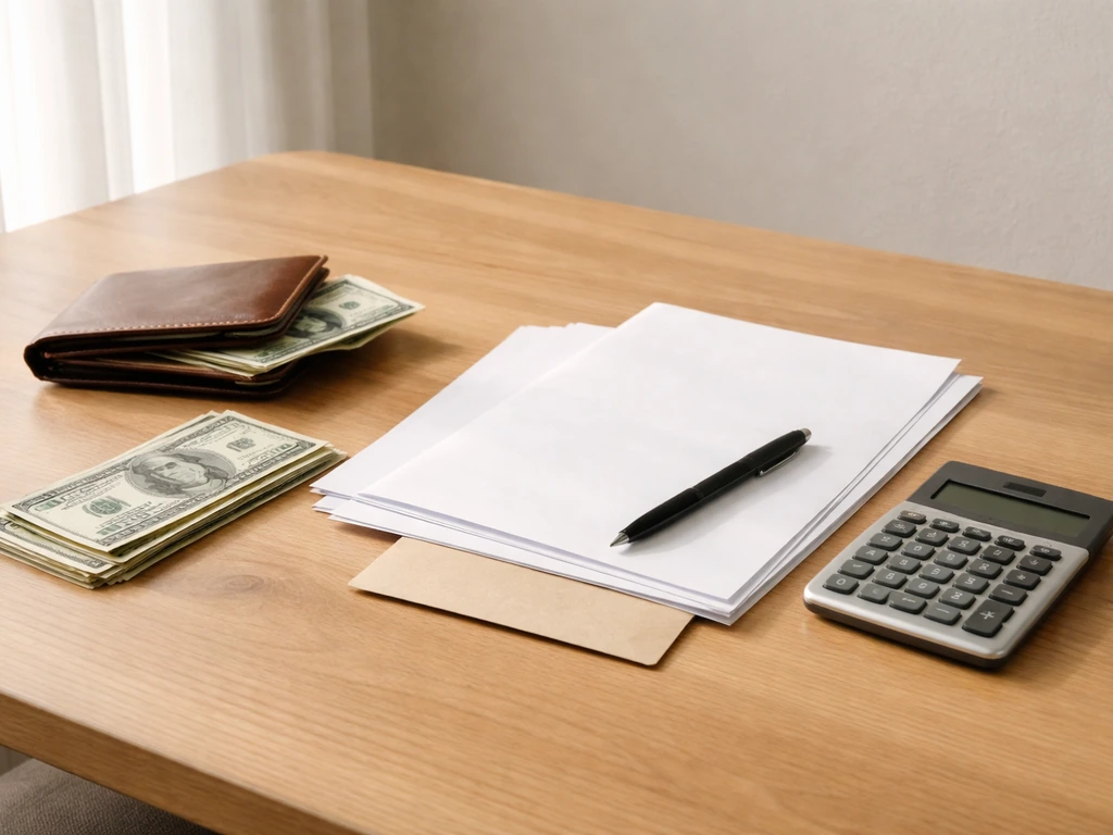 Minimal studio desk with cash, a calculator, and scattered financial documents symbolizing net worth calculations.