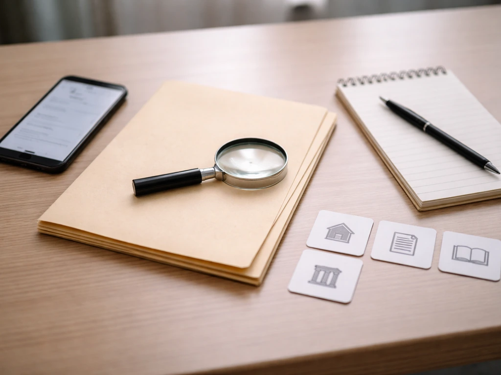 Office desk with magnifying glass and blank record folders/cards symbolizing property, filings, courts, sources