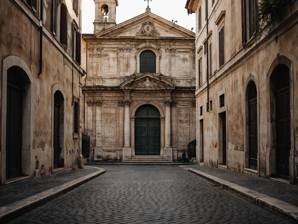 Sunlit historic church facade in Rome with quiet street and stone details