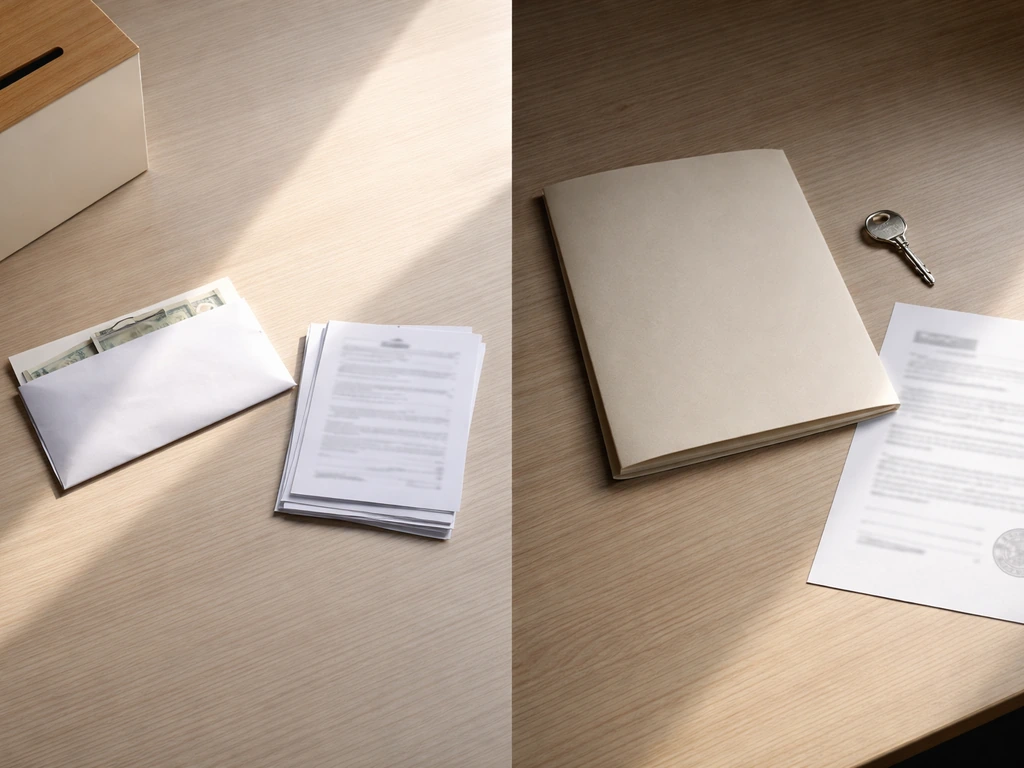 Minimal split-panel style photo of a donation envelope and a sealed document folder on a desk