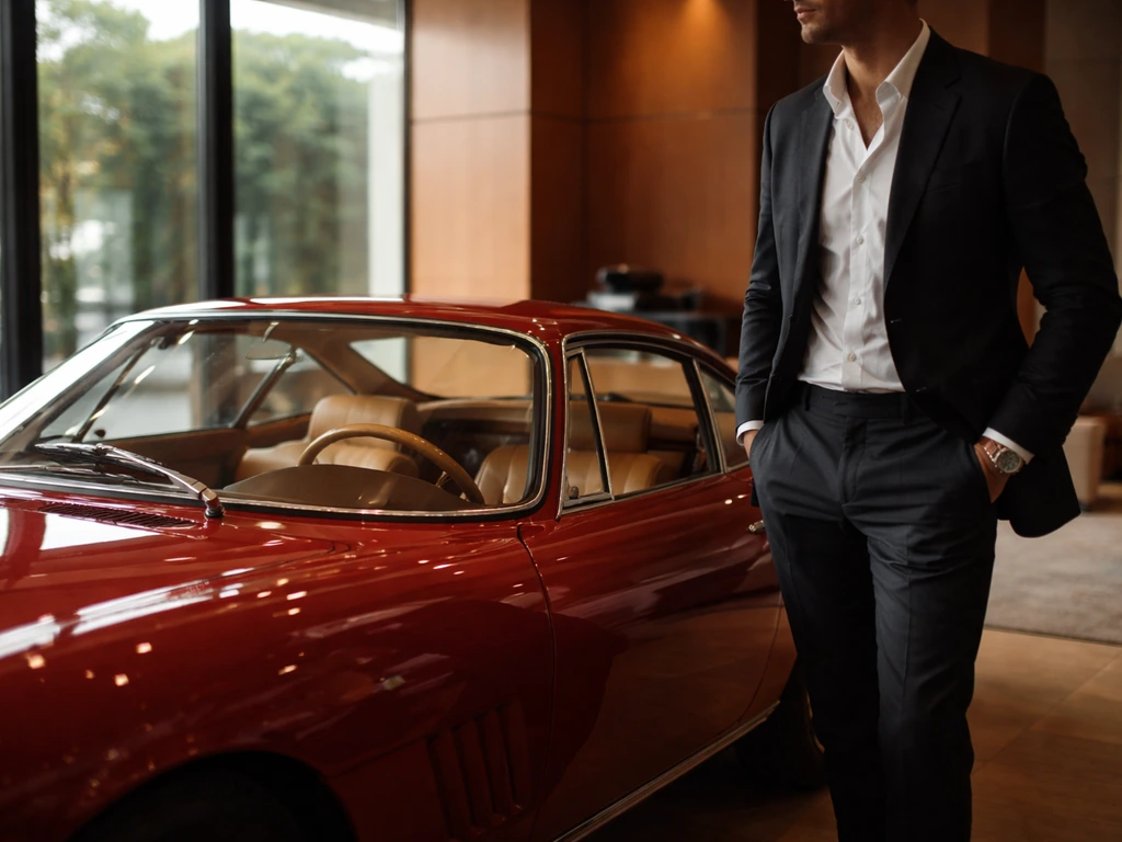 Elegant luxury lifestyle brand setting with a man in a tailored suit posing beside a classic car interior