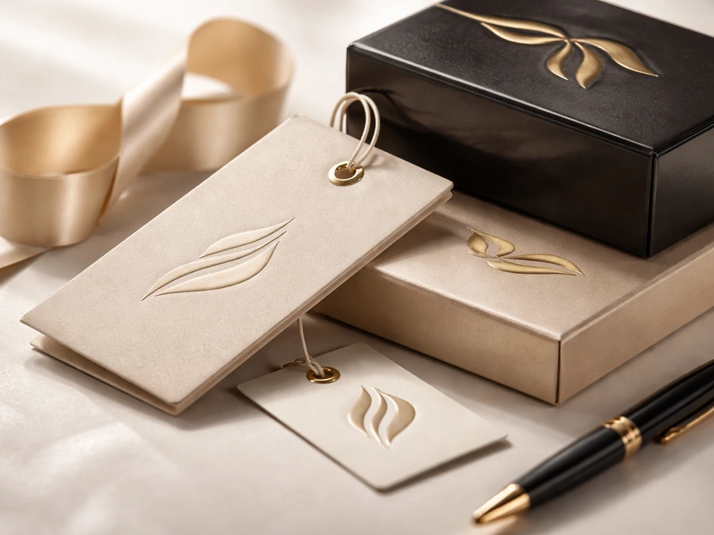 Close-up of luxury product packaging and retail tags suggesting brand licensing and royalties income.