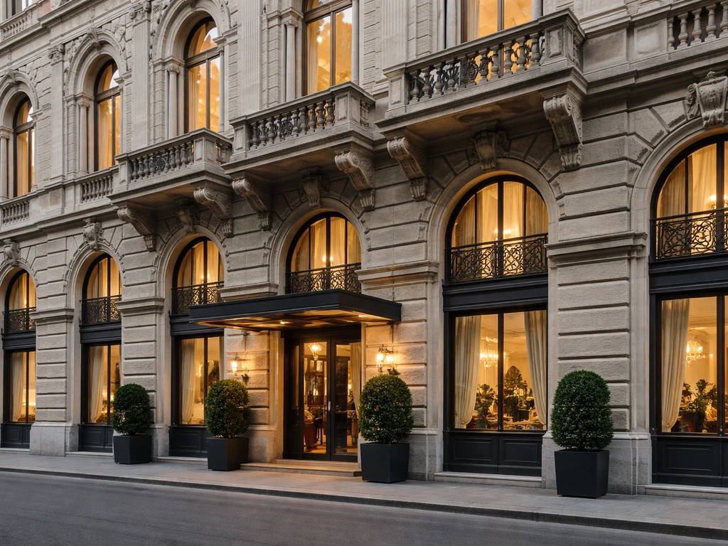 Luxury boutique hotel facade in Bologna in a 19th-century palazzo setting