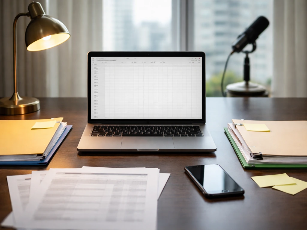 Minimal desk with laptop, phone, and documents showing two distinct sets for comparing net worth estimates