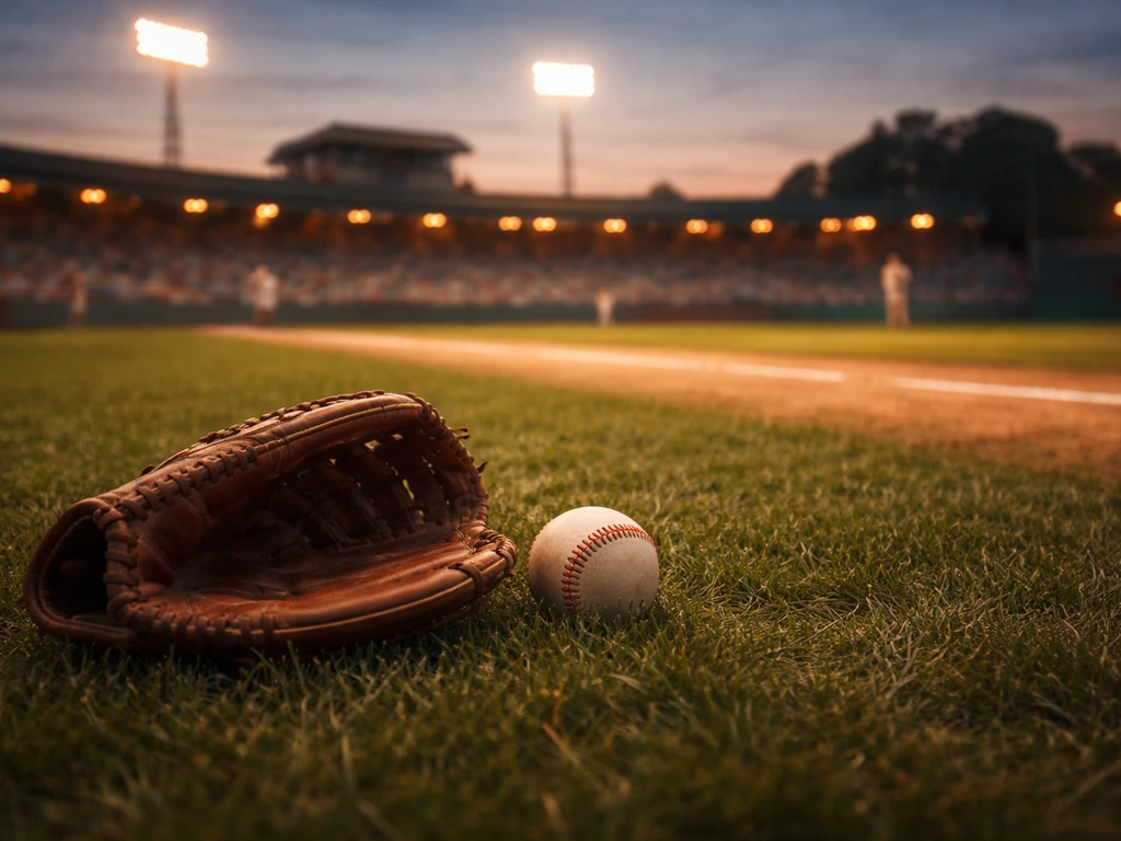 Retro baseball action scene with a glove and ball on a field, evoking MLB outfielder/first baseman