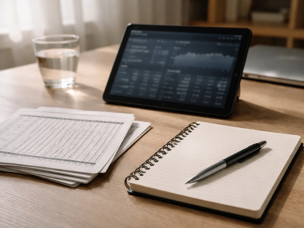Minimal desk scene with blurred finance device and printed papers suggesting year-by-year salary analysis