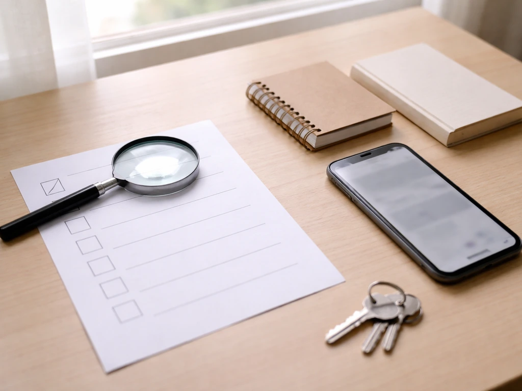 Magnifying glass over a blank checklist on a desk with a phone showing blurred source content