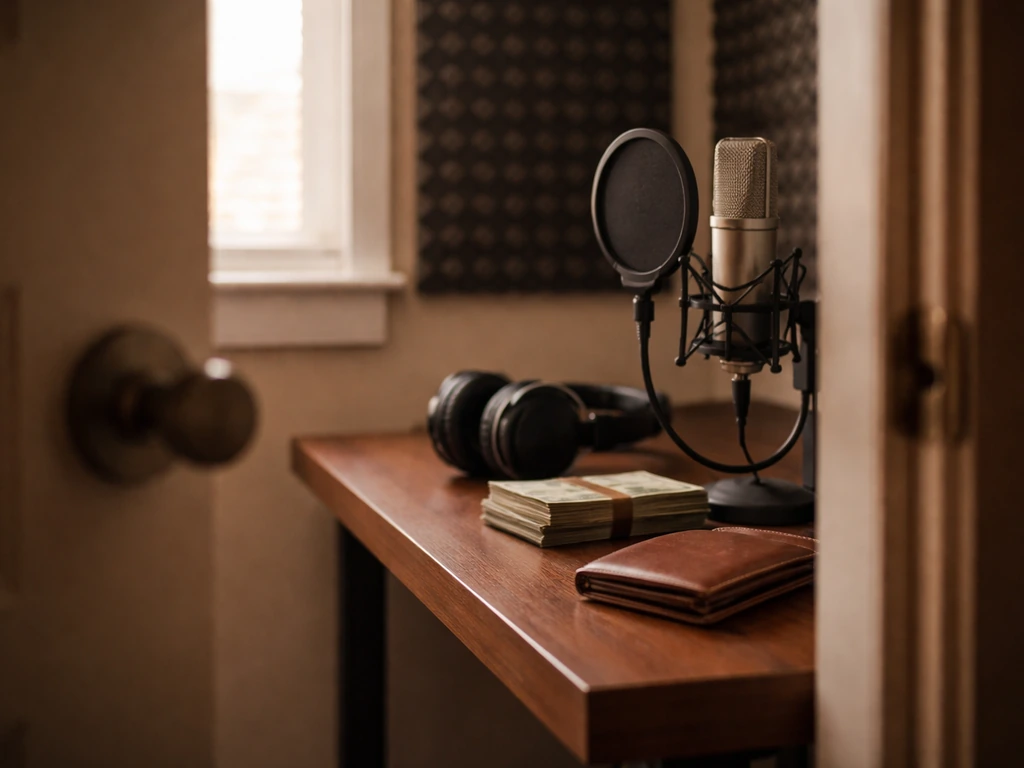Microphone and headphones in a quiet studio with cash and a wallet nearby, symbolizing voice work and earnings.