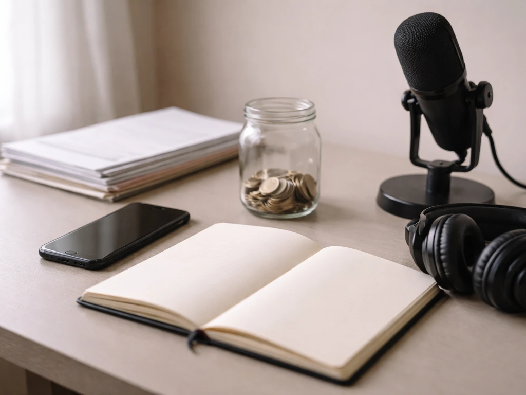 Minimal desk scene with coins, papers, headphones, and a microphone symbolizing assets and income.