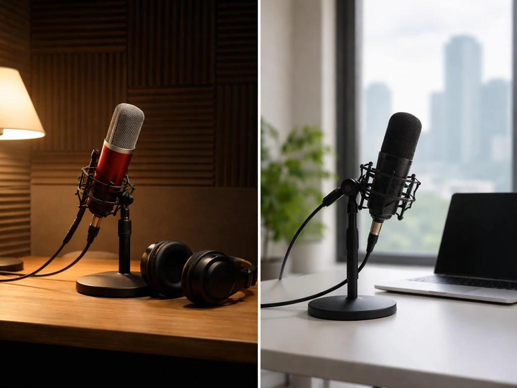 Two-panel split scene: anonymous animation voice studio mic on one side, modern media desk with skyline on the other.