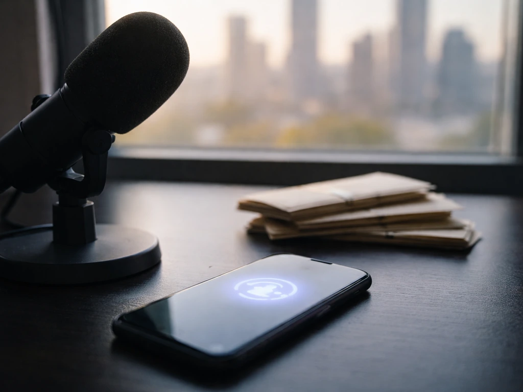Minimal studio desk with microphone, smartphone glow, and cash envelopes suggesting income sources.