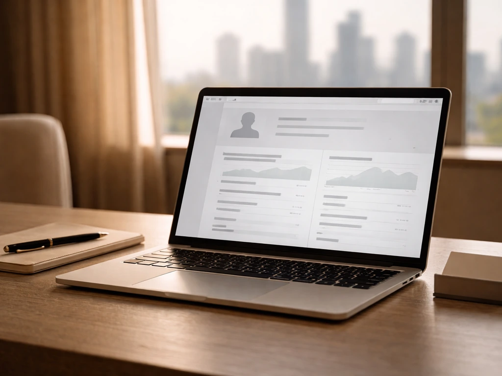 Close-up of a laptop showing an anonymous profile-style web page layout with a luxury office backdrop