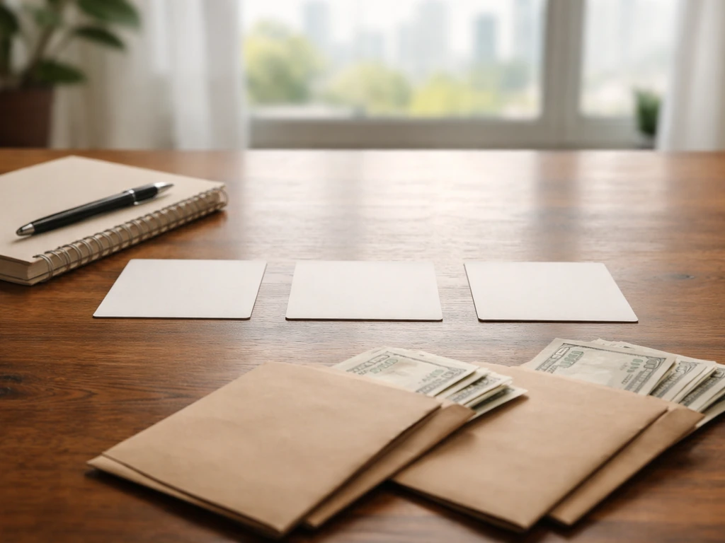 Minimal office desk with scattered money envelopes and three blank cards, symbolizing differing net-worth figures.