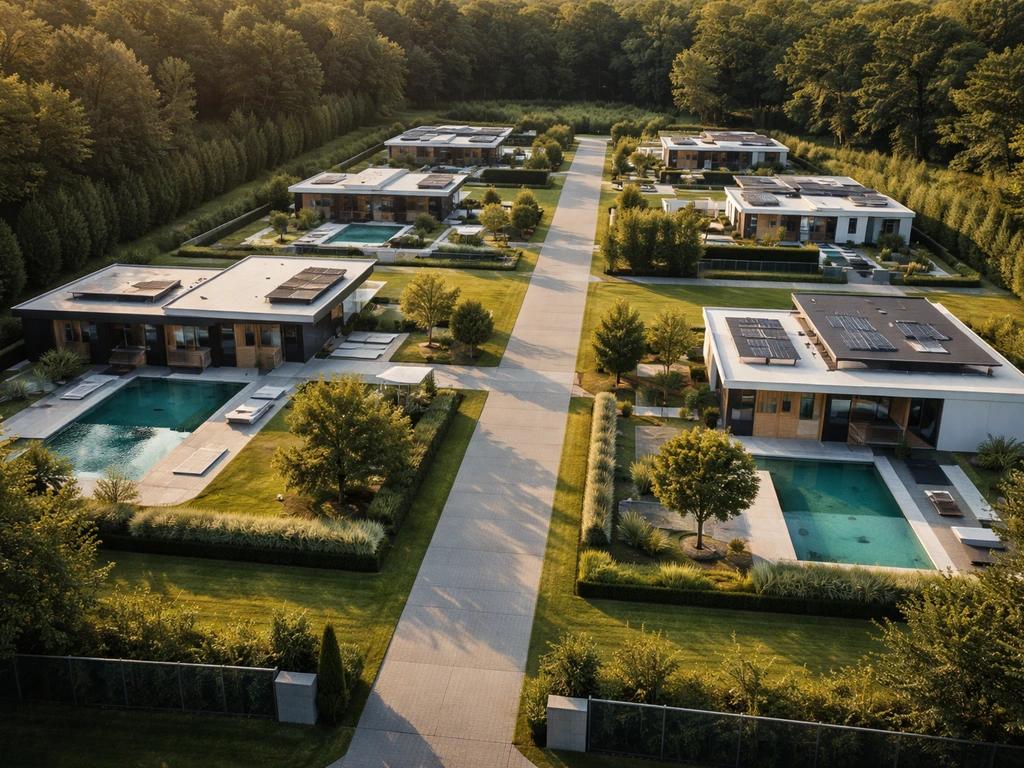 Aerial view of modern luxury homes and a gated property with a driveway, representing real estate holdings