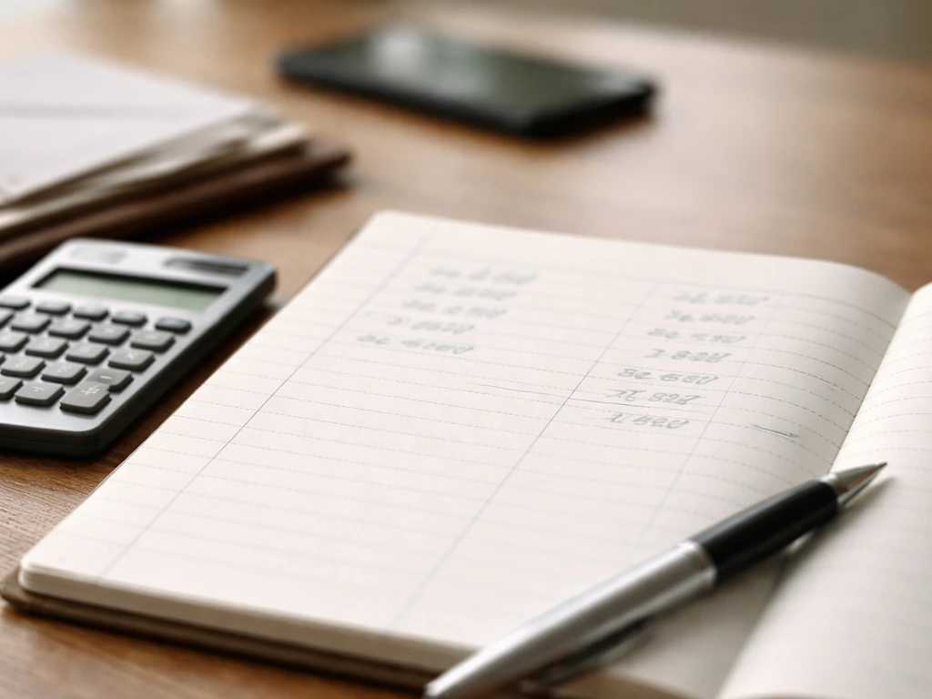 Close-up of a desk with a blurred ledger showing assets and liabilities concept, calculator beside it.