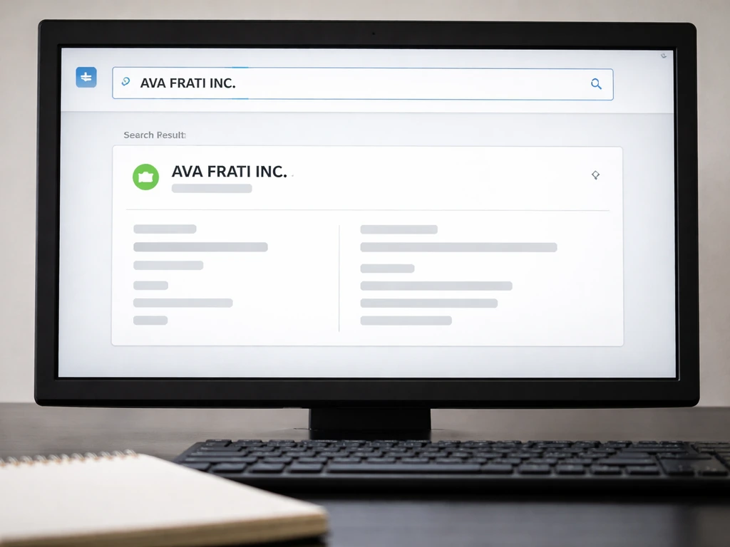 Closeup of a computer monitor showing a generic business database search for a company name.