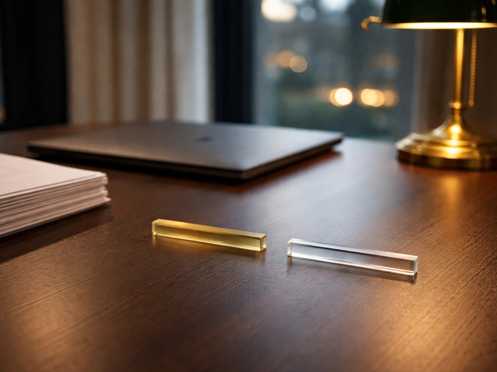 Luxury finance desk with acrylic money-range markers suggesting a net worth range, no people or text.