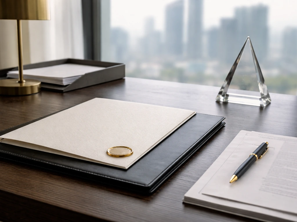Minimal desk scene with sealed documents and a corporate office vibe suggesting family office and fund management.