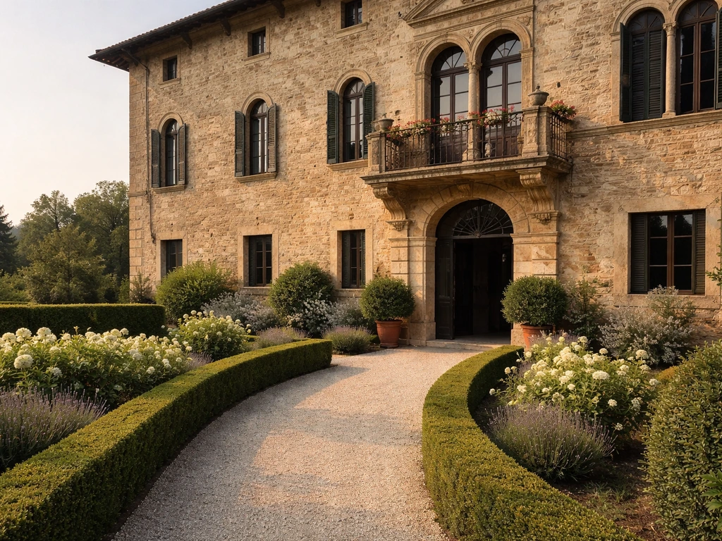 Old European manor in northern Italy with a formal gravel garden path and trimmed hedges, no people.