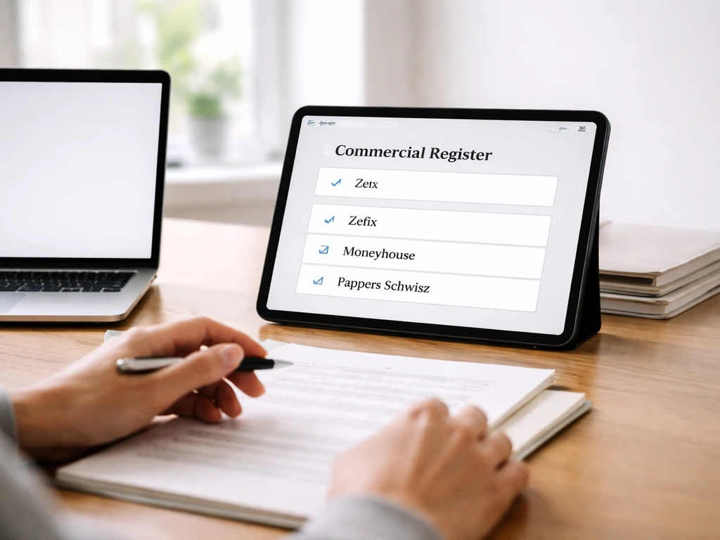 Hand reviewing a verification checklist on a tablet near a laptop and documents, business-like minimal desk scene.
