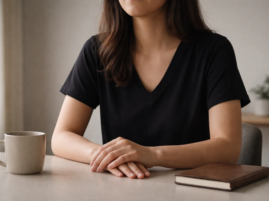Anonymous woman in a neutral indoor setting, used for an identity-check reference image