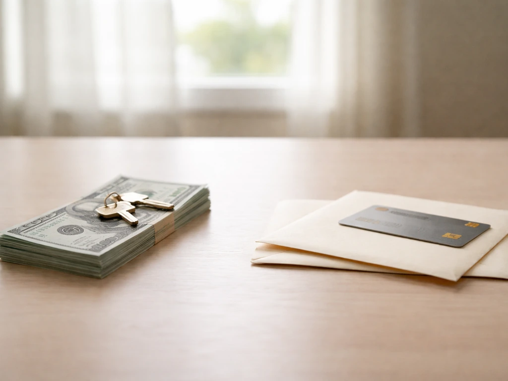 Minimal desk scene with cash and house keys on one side, and an envelope and card on the other.