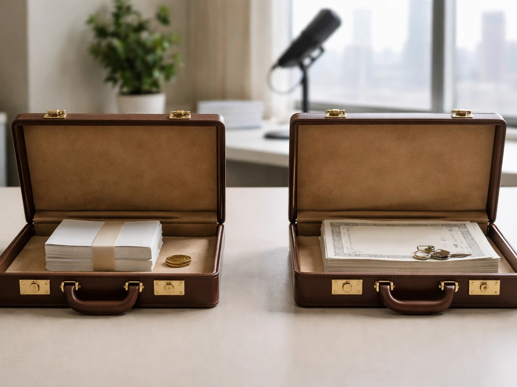 Two briefcases on a desk beside a muted finance studio scene, symbolizing differing net-worth assumptions.