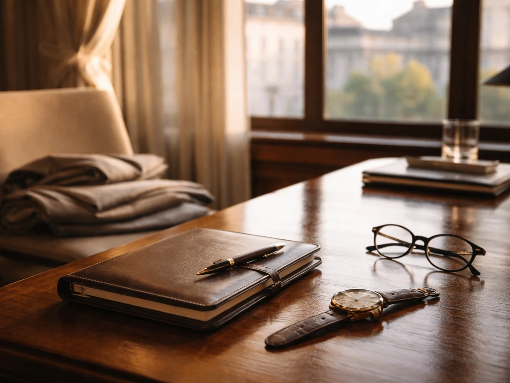 Minimal photo of an upscale office desk with a vintage-style watch and fashion studio vibe, symbolizing a confidant role