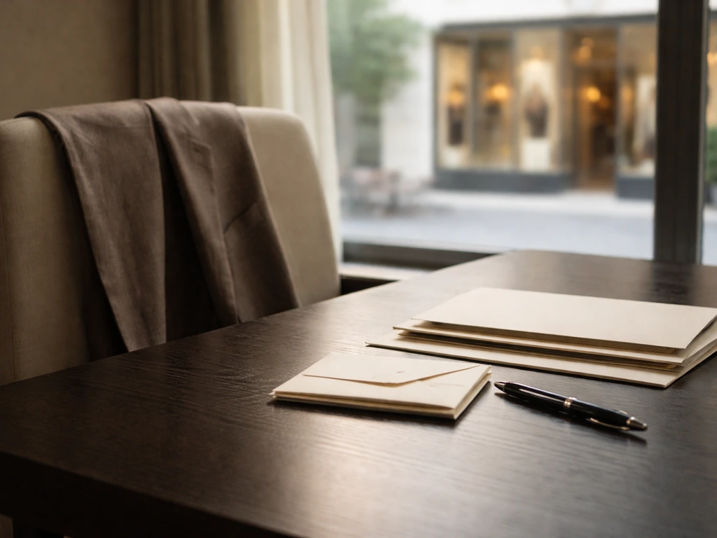 Luxury fashion-themed office desk with cash-like envelopes and documents, symbolizing estate proceeds and succession sta