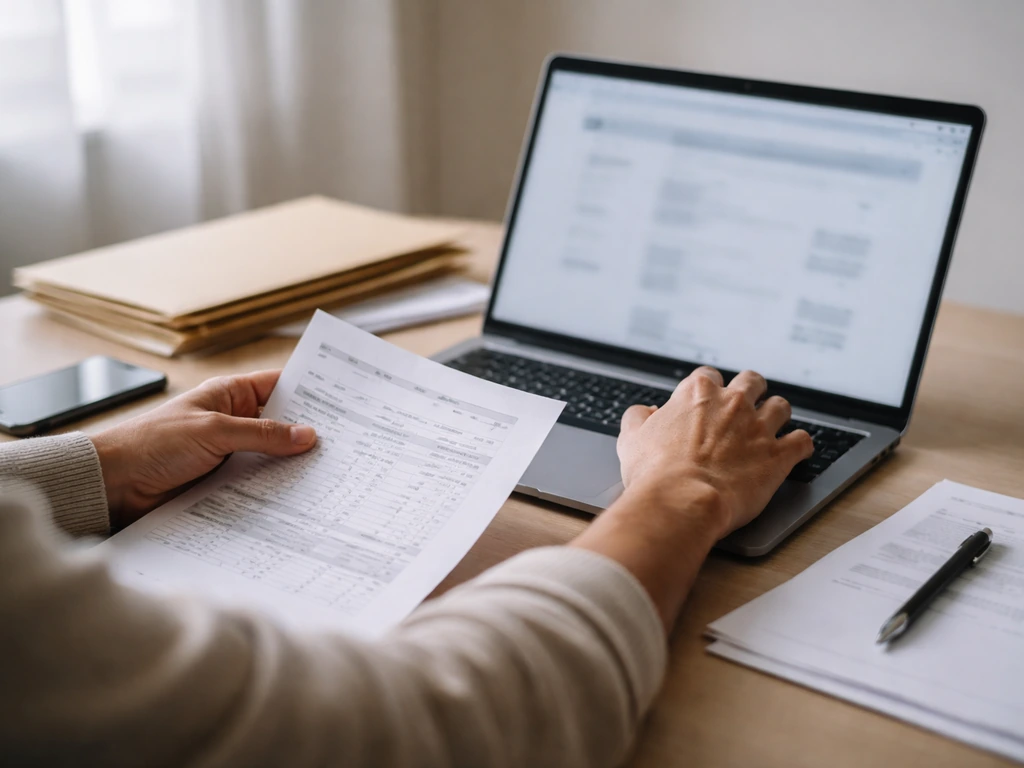 Person reviewing financial documents and a laptop with public-record style folders on a desk
