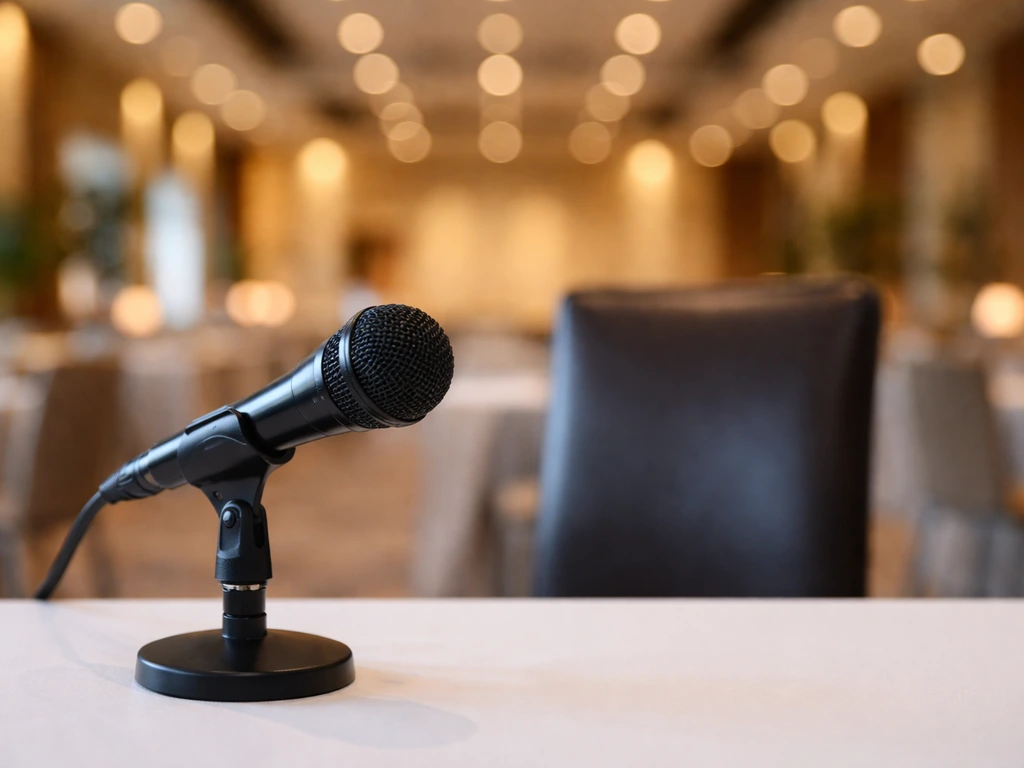 Gran Coramino launch vibe: empty media press room with a microphone and luxury backdrop, symbolic of celebrity announcem
