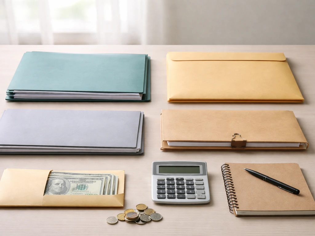 Open checklist-style folders on a desk with documents, money envelopes, and a calculator beside them.