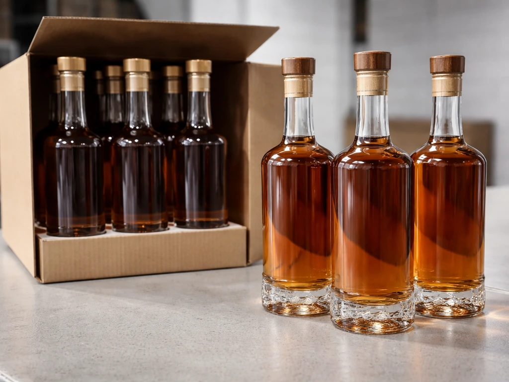 Close-up of premium tequila bottles beside a neatly stacked product case to suggest spirits volume tracking.
