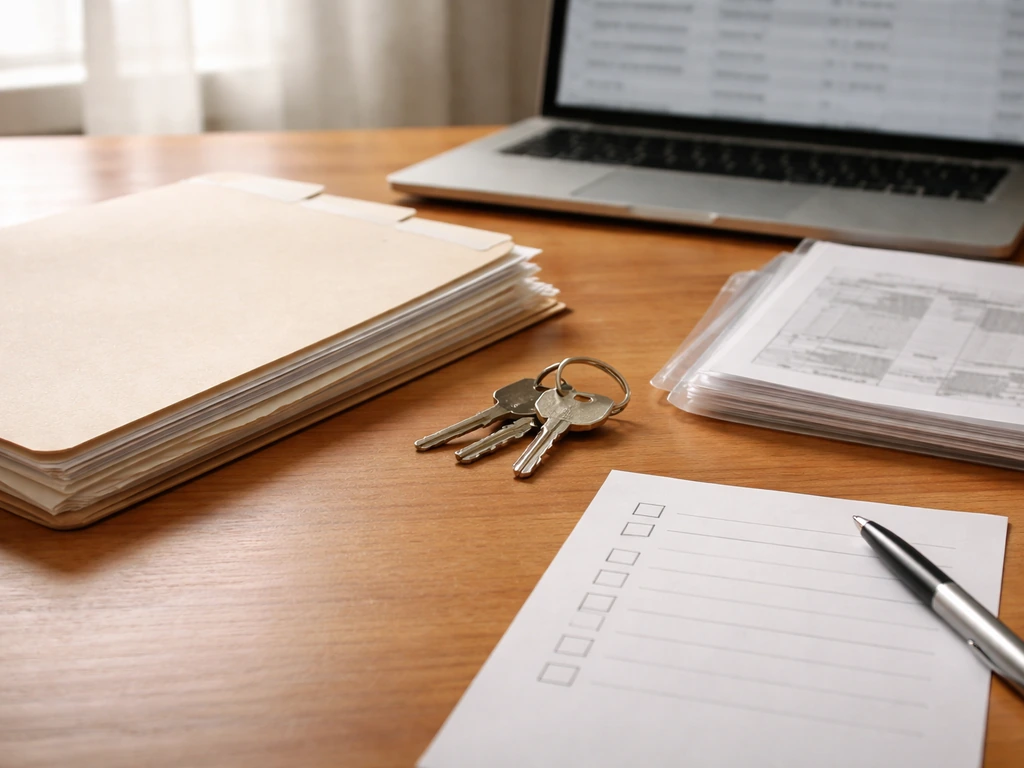 Manila folder and pen beside a laptop showing blurred property-record entries on a simple desk.