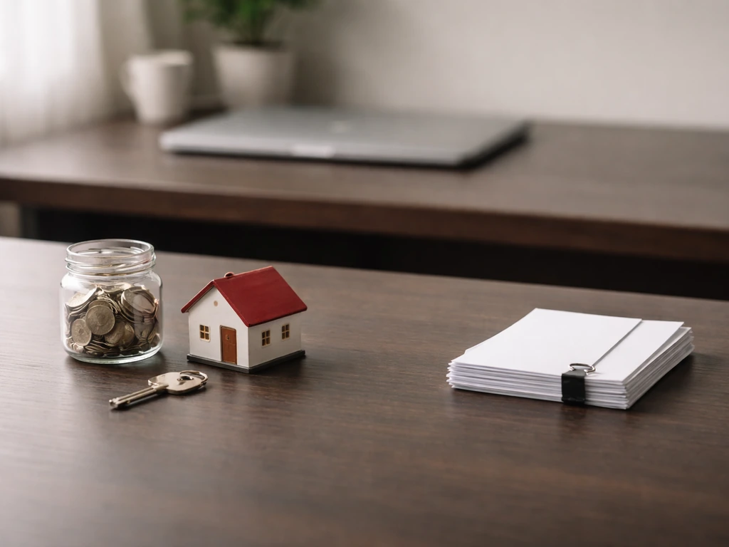Minimal desk scene with cash jar, house key model, and blank documents arranged to suggest assets minus liabilities
