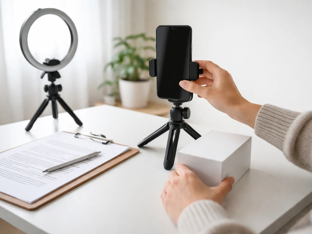 Anonymous creator’s hands set up a product box, brief documents, and a phone on a tripod for a sponsored post.