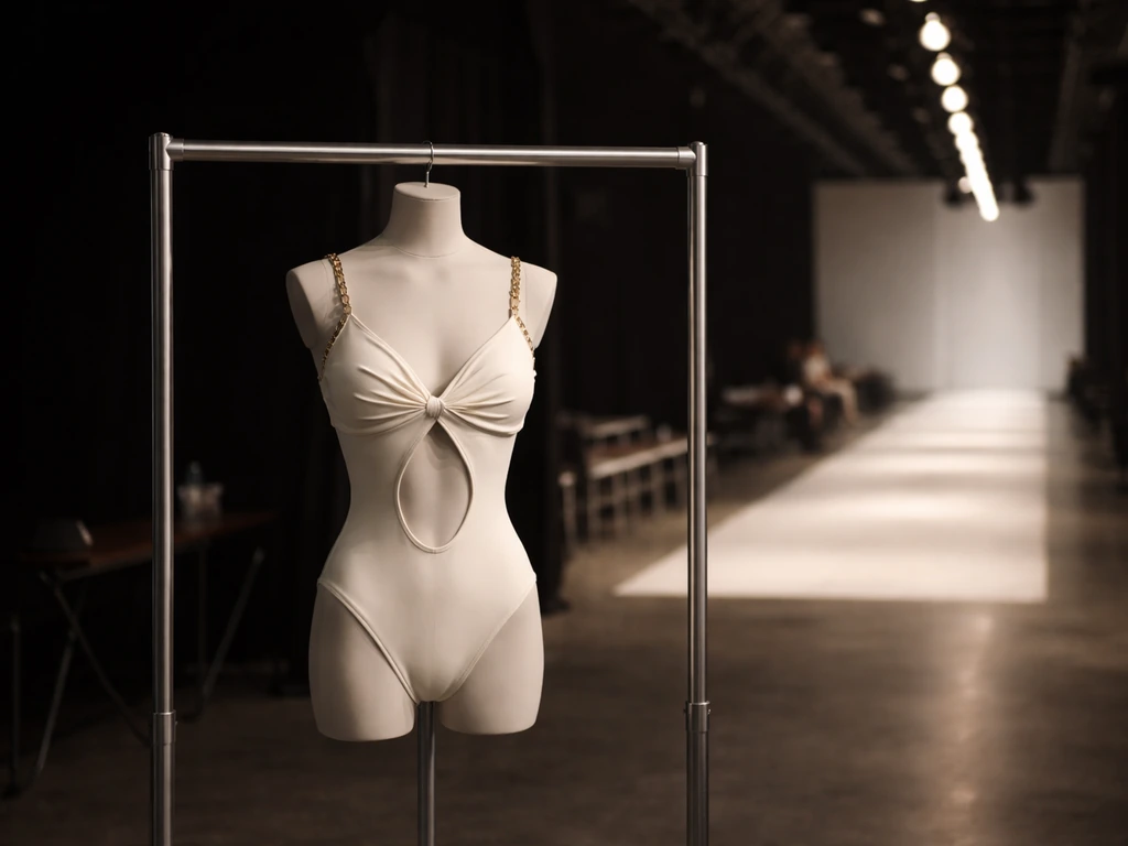 Backstage runway rehearsal with a single mannequin in swimwear under soft runway lights.